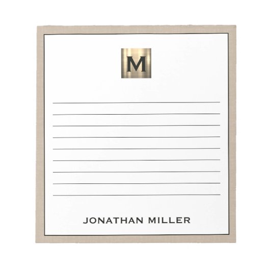 Gepersonaliseerde Beige Linen Gold Monogram Notitieblok (Voorkant)