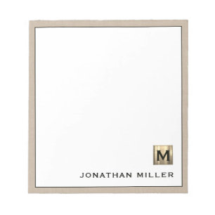 Gepersonaliseerde Beige Linen Gold Monogram Notitieblok