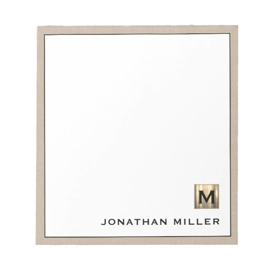 Gepersonaliseerde Beige Linen Gold Monogram Notitieblok (Voorkant)
