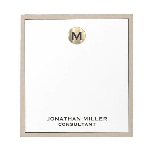 Gepersonaliseerde Beige Linen Gold Monogram Notitieblok (Voorkant)