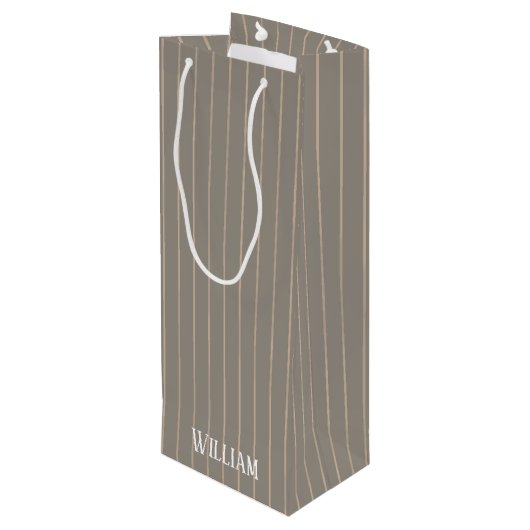 Gepersonaliseerde beige pinstripes wijn cadeautas (Achterkant Gekanteld)