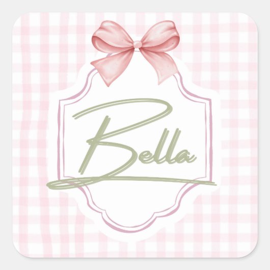 Gepersonaliseerde Bella Baby Meisje Kwekerij Bow & Vierkante Sticker (Voorkant)