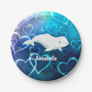 Gepersonaliseerde Beluga Whale en Blue Hearts Arct Papieren Bordje