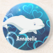 Gepersonaliseerde Beluga Whale en Blue Hearts Arct Zandsteen Onderzetter (Voorkant)
