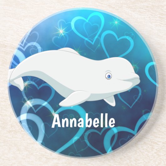 Gepersonaliseerde Beluga Whale en Blue Hearts Arct Zandsteen Onderzetter (Voorkant)