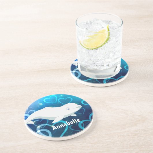 Gepersonaliseerde Beluga Whale en Blue Hearts Arct Zandsteen Onderzetter (Zijkant)