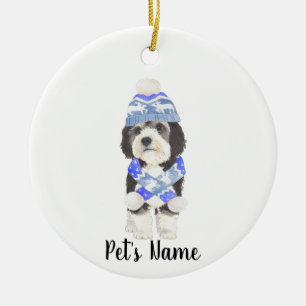 Gepersonaliseerde Bernedoodle Blauw & Wit Keramisch Ornament