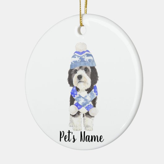 Gepersonaliseerde Bernedoodle Blauw & Wit Keramisch Ornament (Links)