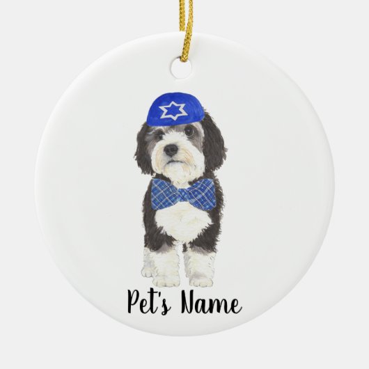 Gepersonaliseerde Bernedoodle Blue Yarmulke Bow St Keramisch Ornament (Voorkant)