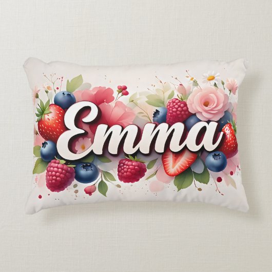 Gepersonaliseerde Berry Floral Naam Kussen – "Emma (Voorkant)