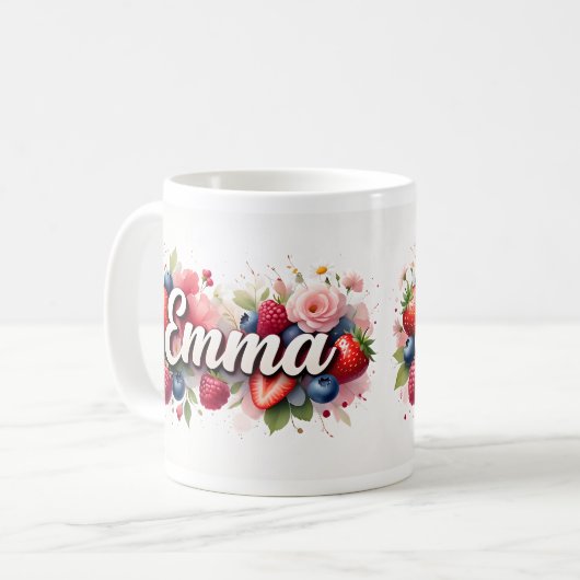 Gepersonaliseerde Berry Floral Naam Mok – "Emma" (Voorkant links)