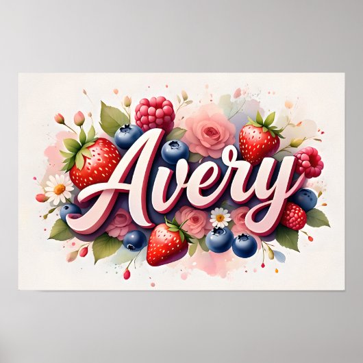 Gepersonaliseerde Berry Floral Naam Poster "Avery" (Voorkant)