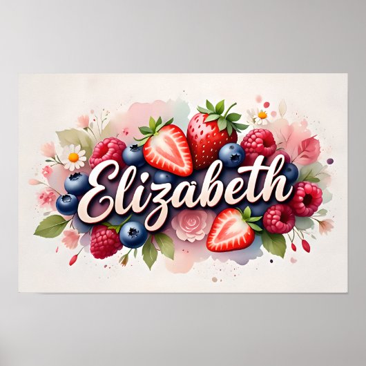 Gepersonaliseerde Berry Floral Naam Poster "Elizab (Voorkant)