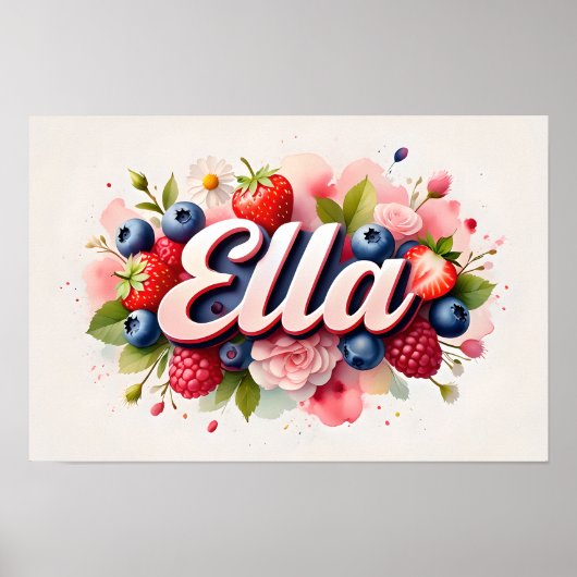 Gepersonaliseerde Berry Floral Naam Poster "Ella" (Voorkant)