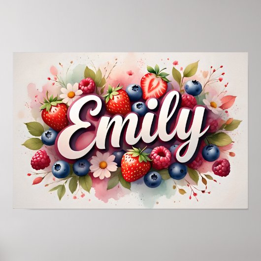 Gepersonaliseerde Berry Floral Naam Poster "Emily" (Voorkant)