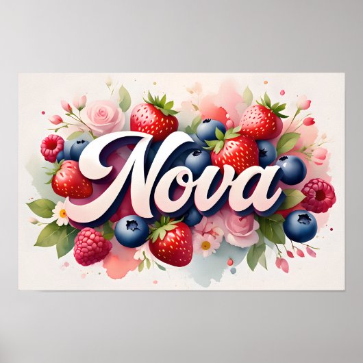 Gepersonaliseerde Berry Floral Naam Poster "Nova" (Voorkant)