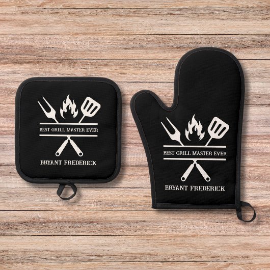 Gepersonaliseerde beste grill master papa Vaderdag Ovenwant & Pannenlap Set