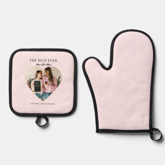 Gepersonaliseerde beste moeder ooit hartfoto ovenwant & pannenlap set (Voorkant)
