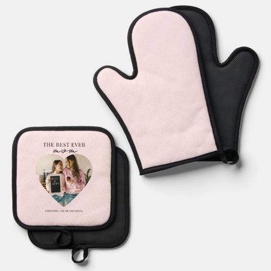 Gepersonaliseerde beste moeder ooit hartfoto ovenwant & pannenlap set (Voorkant / Achterkant)