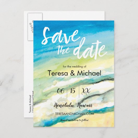 Gepersonaliseerde Bestemming Bruiloft Strand water Aankondigingskaart (Voorkant / Achterkant)