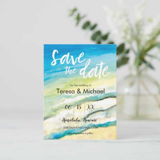 Gepersonaliseerde Bestemming Bruiloft Strand water Aankondigingskaart (Staand voorkant)