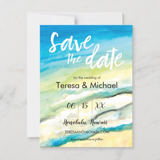 Gepersonaliseerde Bestemming Bruiloft Strand water Magnetische Uitnodiging (Voorkant)