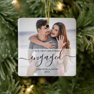 Gepersonaliseerde betrokken paar foto namen bomen keramisch ornament