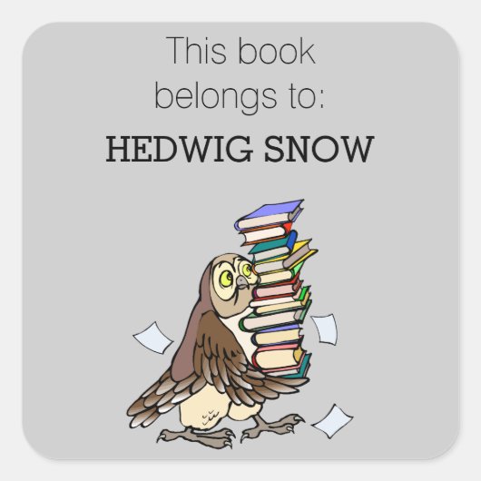 Gepersonaliseerde Bibliotheek Schattigee Uil Bookp Vierkante Sticker (Voorkant)