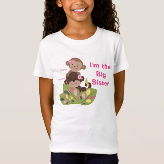 Gepersonaliseerde Big Sister Monkey Meisjes Kinder T-shirt (Voorkant)