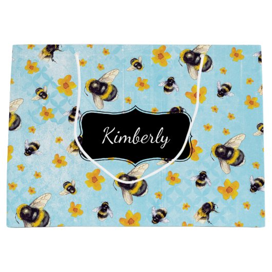 Gepersonaliseerde bijen en bloemen groot cadeauzakje (Voorkant)