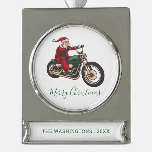 Gepersonaliseerde Biker in Santa Kostuum Kerstmis Verzilverd Banner Ornament (Voorkant)