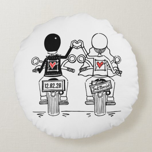 Gepersonaliseerde Biker Wedding Gift Throw Cushion Rond Kussen (Achterkant)