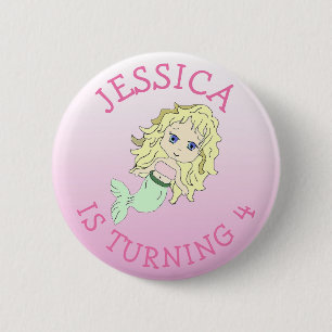Gepersonaliseerde Birthday girl Roze Mermaid Butto Ronde Button 5,7 Cm
