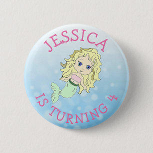 Gepersonaliseerde Birthday girl Roze Mermaid Butto Ronde Button 5,7 Cm