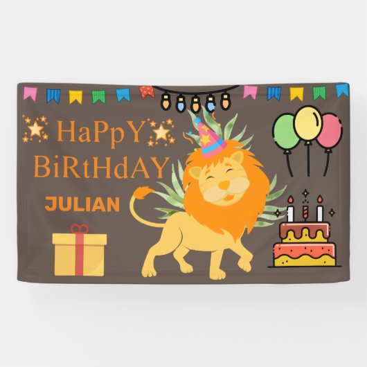 GEPERSONALISEERDE BIRTHDAY NAME Cute LION THEMELFO Spandoek (Horizontaal)