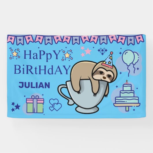 GEPERSONALISEERDE BIRTHDAY NAME CutE SLOTH Spandoek (Horizontaal)