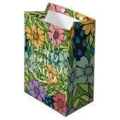 Gepersonaliseerde 'Birthday Retro Flowers Multicol Medium Cadeauzakje (Voorkant Gekanteld)