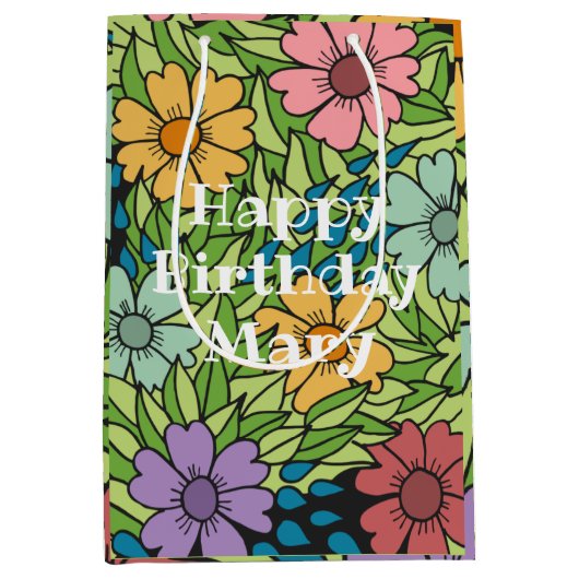 Gepersonaliseerde 'Birthday Retro Flowers Multicol Medium Cadeauzakje (Voorkant)