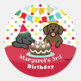 Gepersonaliseerde Black and Chocolate Labs Verjaar Ronde Sticker