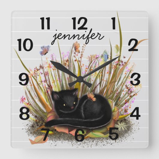 Gepersonaliseerde Black Cat Butterflies Wall-klok Vierkante Klok (Voorkant)
