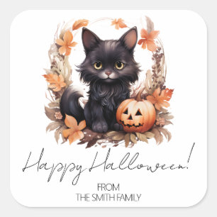 Gepersonaliseerde Black Cat Happy Halloween Vierkante Sticker