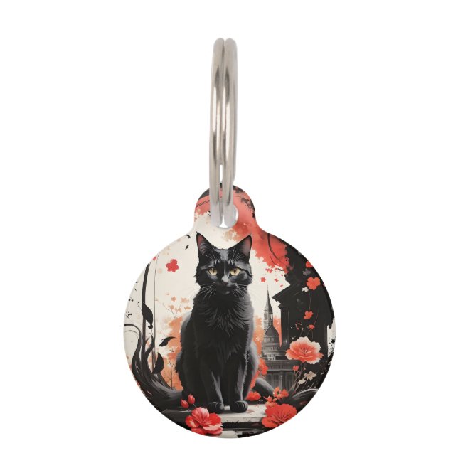 Gepersonaliseerde Black Cat Splatter Art Red Flowe Huisdierpenning (Voorkant)