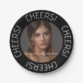 Gepersonaliseerde Black Cheers Photo Name Script Papieren Bordje (Voorkant)