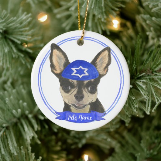 Gepersonaliseerde Black en Tan Chihuahua Yarmulke Keramisch Ornament (Boom)