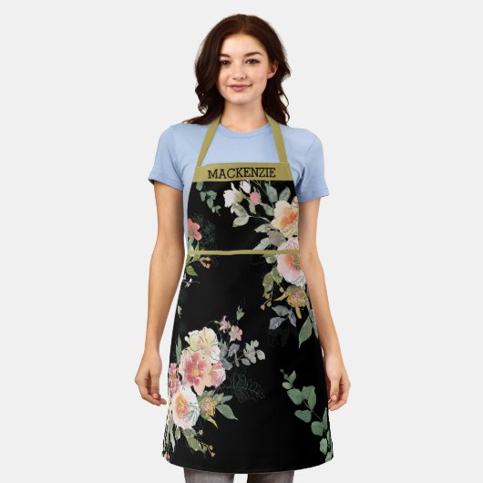 Gepersonaliseerde Black Floral Vrouwen Schort (Gedragen)