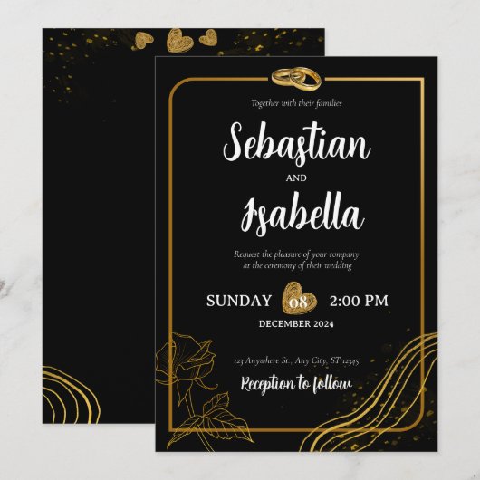 Gepersonaliseerde Black & Gold bruiloft uitnodigin Kaart (Voorkant / Achterkant)