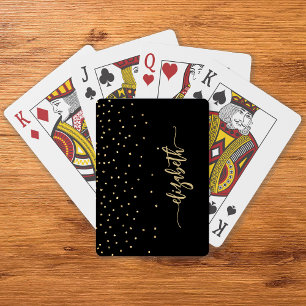 Gepersonaliseerde Black Gold Elegant Script Confet Pokerkaarten
