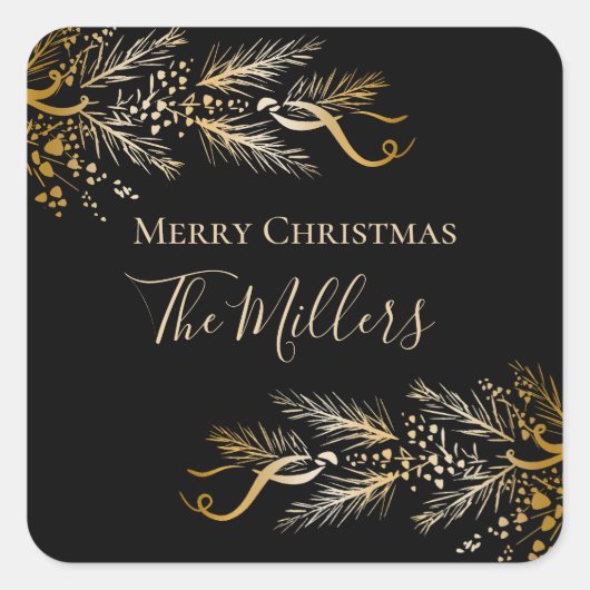 Gepersonaliseerde Black Gold Elegant Vrolijk Kerst Vierkante Sticker (Voorkant)