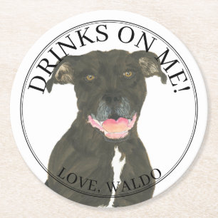 Gepersonaliseerde Black Pitbull Staffy Hond Huweli Ronde Kartonnen Onderzetter