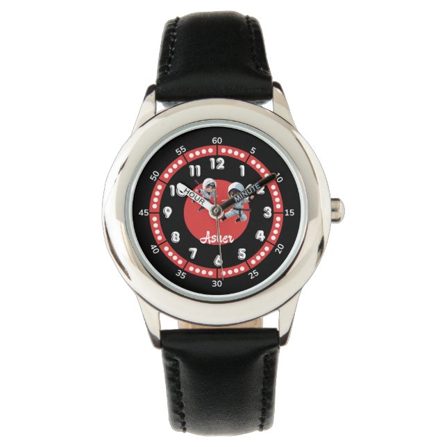 Gepersonaliseerde Black & Red Ninja Hero Hour & Mi Horloge (Voorkant)